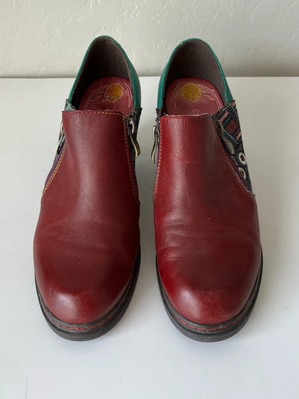 Socofy Boho Eclectic Leather Ankle Boots Booties Burgundy Turquoise Size 39